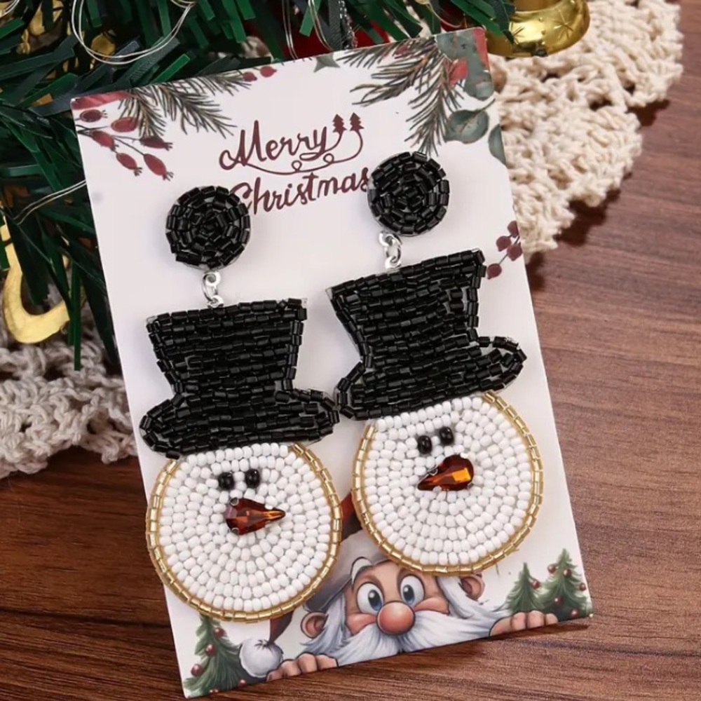 Christmas Glass Seed Bead Snowman Earrings